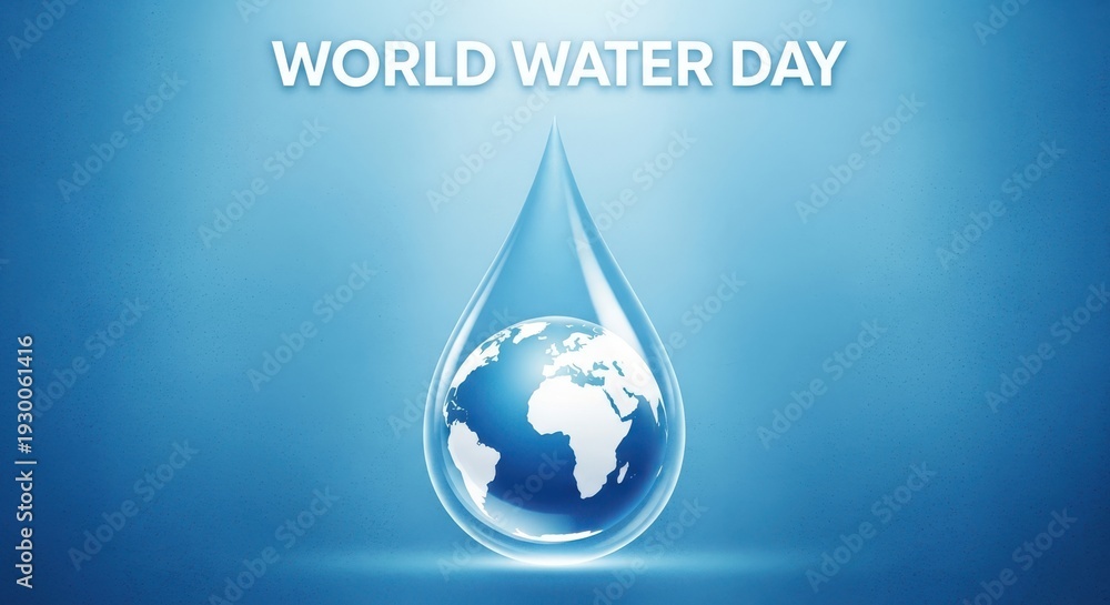 Fototapeta premium World water day illustration with a water drop and earth globe on blue background