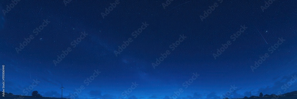 Naklejka premium Cielo nocturno profundo con estrellas visibles sobre un horizonte terrestre oscuro y sutilmente iluminado.
