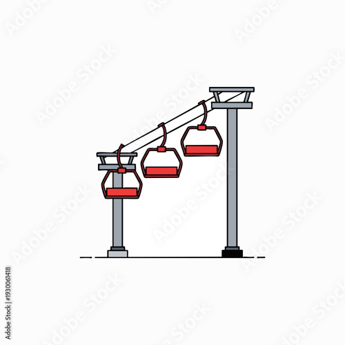 Minimalist ski lift illustration in red and gray ski resort design element vector ski lift graphic for winter sports and recreation themes