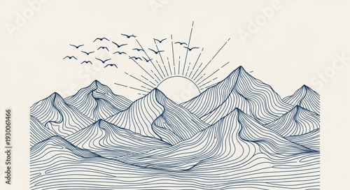 Hand drawn mountain range with sun and birds flying.