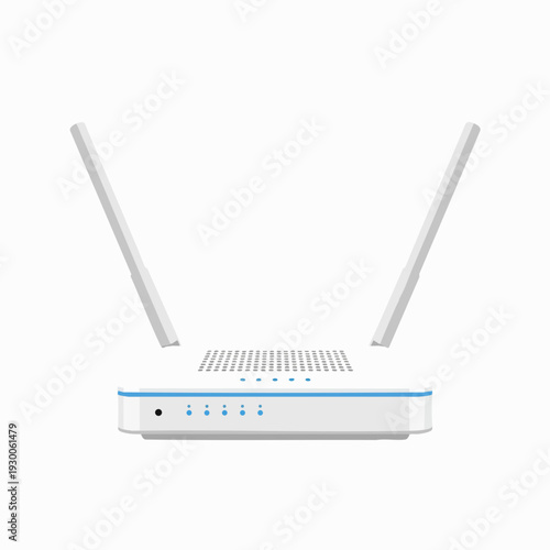 Minimalist white wireless router illustration with antennas; modern network hardware vector for internet connection tech design and seamless integration