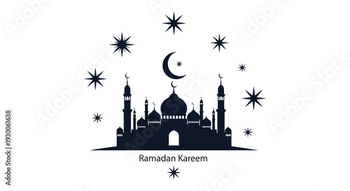 A striking black silhouette of a mosque and crescent moon with twinkling stars for ramadan kareem silhouette