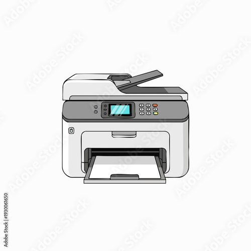 Modern cartoon-style printer with scanner and paper in tray illustration of office equipment for print job digital device for commercial use