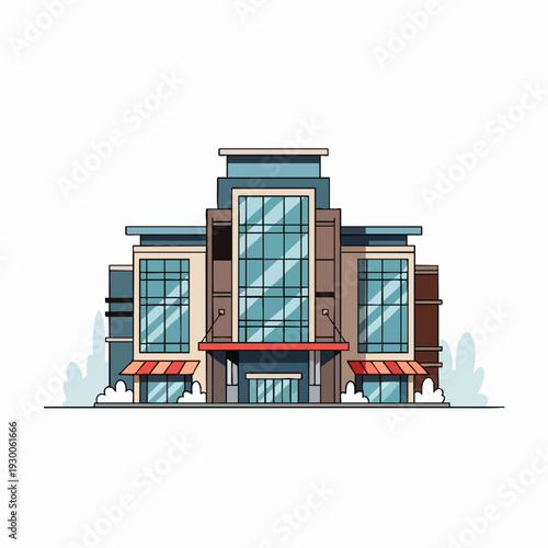 Modern corporate headquarters building illustration with blue glass windows and red awning; real estate design vector