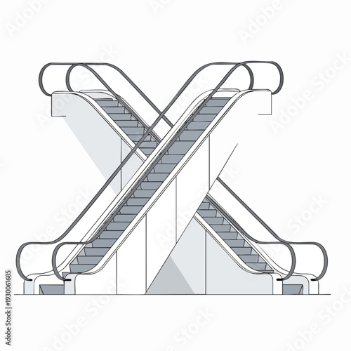 Modern escalator design featuring two crisscrossing moving staircases in a minimalist style illustration for public transport use