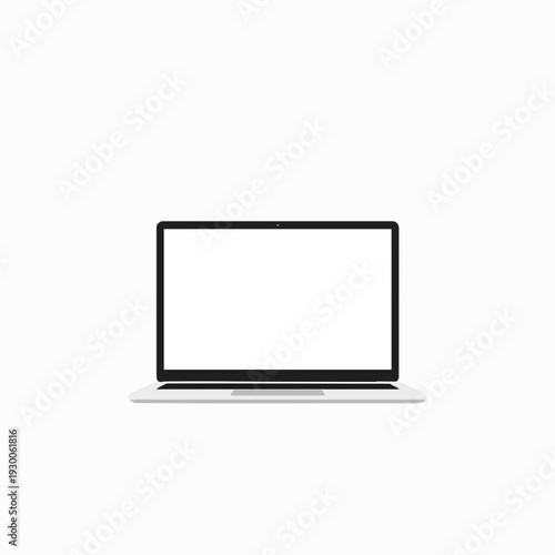 Modern laptop with blank white screen for mockup display; minimalistic computer design with slim profile isolated on white background