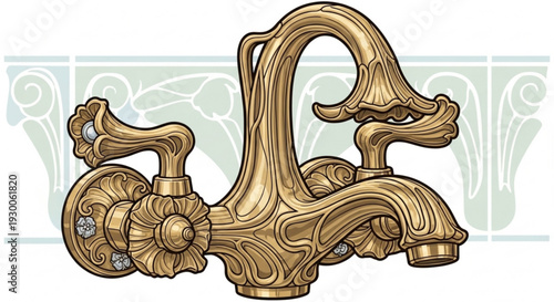 Golden ornate faucet with two handles and decorative spout against a white background with greenish gray ornamental design