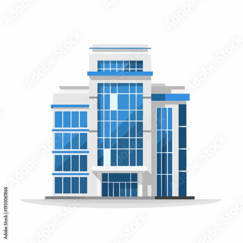Modern office building with blue windows; architectural vector style illustration of a commercial real estate property; flat design