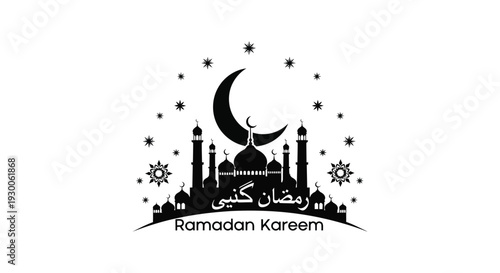 A serene ramadan kareem design featuring a crescent moon mosque and stars in silhouette high quality professional detailed