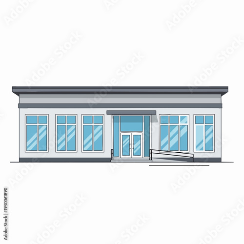 Modern one-story public building with a flat roof large windows and a wheelchair ramp in a minimalist vector style for architecture visualizations