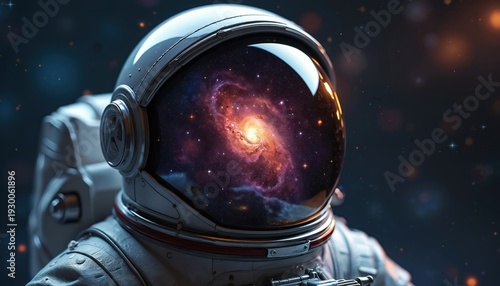 Astronaut helmet reflects galaxy spiral. Space exploration, cosmos, universe. Stars, nebulae shine in dark sky. Futuristic adventure, discovery.
