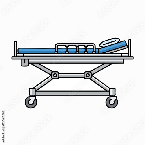 Metal hospital gurney vector illustration in outline style; emergency medical stretcher with wheels for patient transport isolated on white