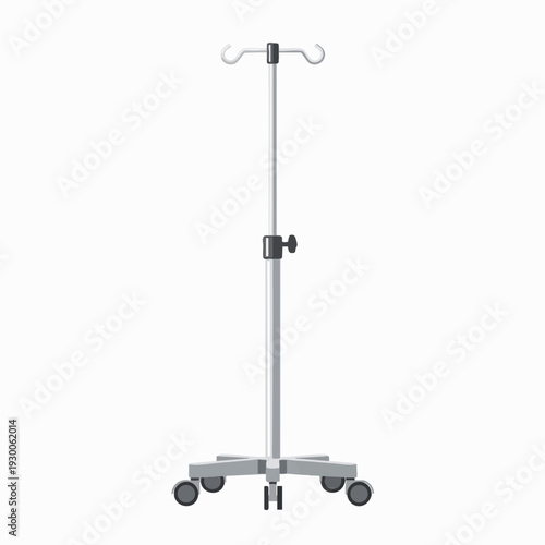 Metal IV stand with adjustable height and rolling base isolated on white background for medical infusion and hospital equipment design