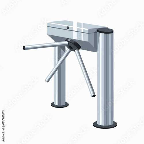 Metal turnstile illustration; access control barrier; security gate in silver; entrance management system; secure passage; vector graphic; industrial design