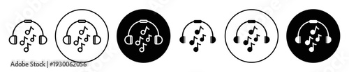 Listen to music icon set. Listen to music vector symbol in black filled and outlined style.