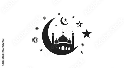 A striking black silhouette depicts a crescent moon stars and a mosque complex evoking islamic themes silhouette