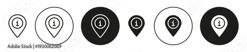 Map pointer with information icon set. Map pointer with information vector symbol in black filled and outlined style.