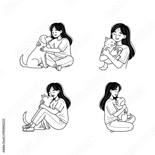 Collection of illustrations woman with dog and cats vector illustration