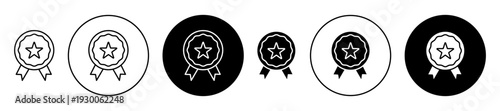 Quality certificate icon set. Quality certificate vector symbol in black filled and outlined style.