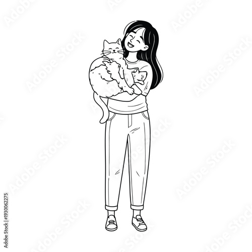 Woman happily hugging two cats, line art illustration vector illustration