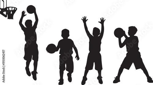 a silhouette illustration depicts four children in various stages of playing basketball showcasing movement and youthful energy against a plain background high quality professional detailed modern