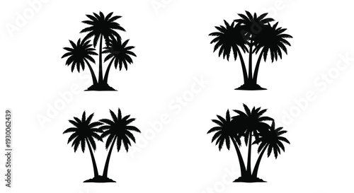 Four groupings of tropical palm trees presented in a stark black minimalist style silhouette high quality professional detailed