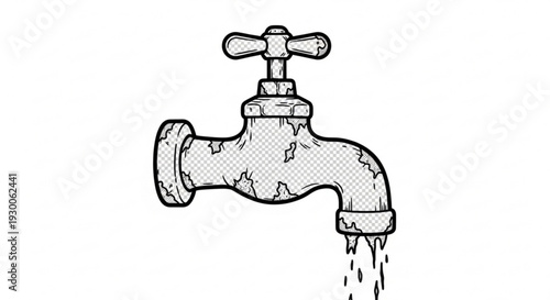 Rusty faucet dripping water droplets on a plain white background with a worn metallic texture