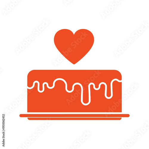 Red cake with dripping icing and a heart on top, flat design vector illustration