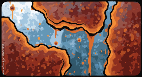 Abstract illustration of rusty metal corrosion with orange and blue hues