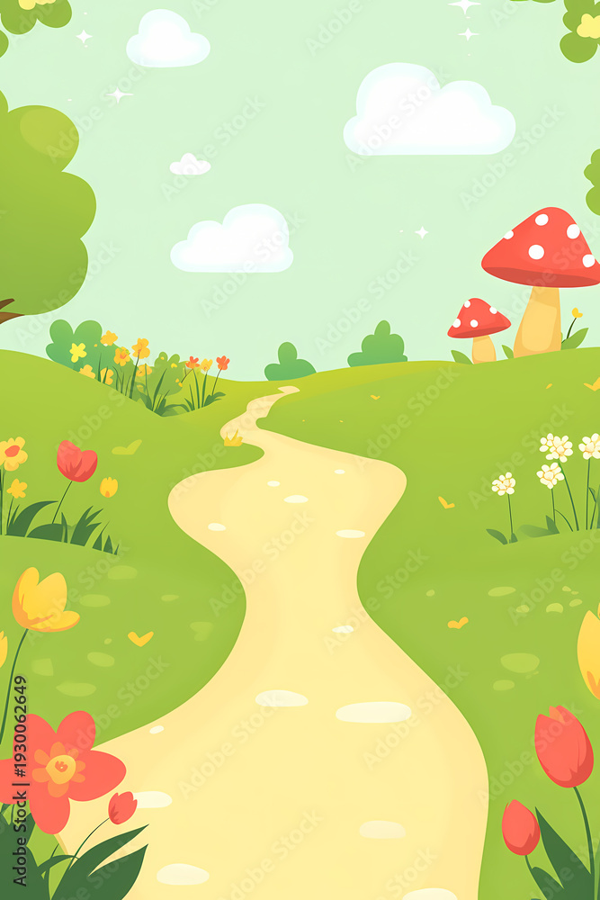 Obraz premium Springtime Meadow Path with Flowers and Mushrooms