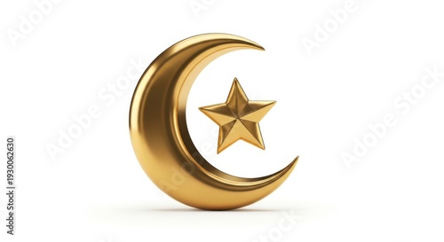 Golden crescent moon with star symbol on white background