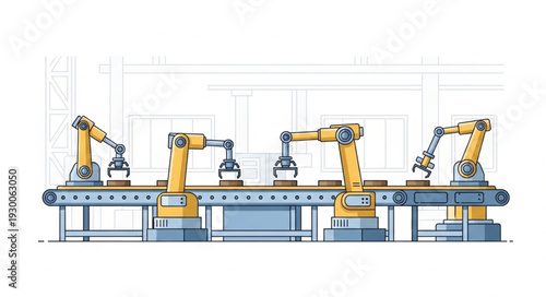 Robotic arms working on an automated assembly line in a factory setting.