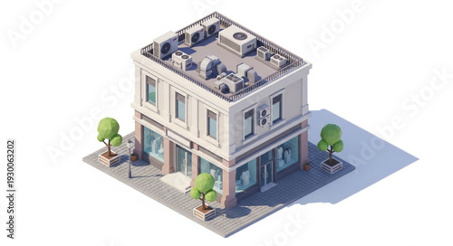 Isometric view of a modern commercial building with rooftop equipment and trees.