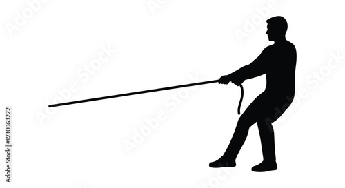 A dark silhouette of a man pulling a long thin object likely a rope or pole silhouette