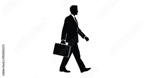 A sharply dressed businessman confidently walks with a briefcase depicted as a stark silhouette high quality professional detailed