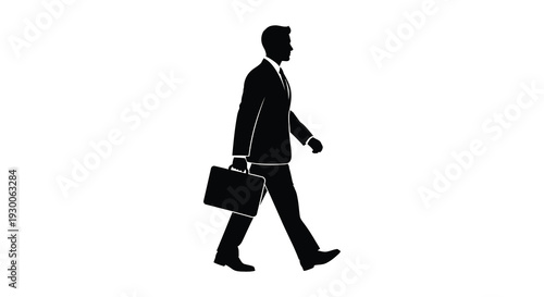 A sharply dressed businessman walking with a briefcase rendered as a striking black silhouette high quality professional detailed