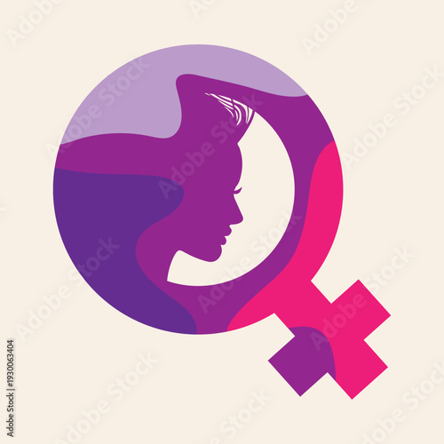 Stylized female gender symbol with a woman's profile silhouette in shades of purple and pink.
