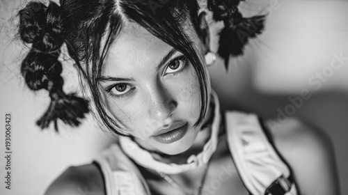 1990s raver woman in tracksuit and hair bunches, white vest on white backdrop, high-contrast black and white fashion portrait, bold punk style, rebellious elegance
