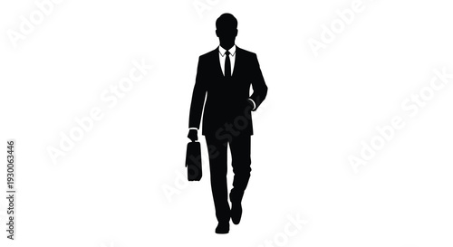 A sharply dressed businessman walking forward holding a briefcase presented as a stark silhouette high quality professional detailed