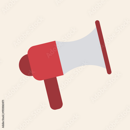A simple flat design illustration of a red and white megaphone, often used for making announcements or amplifying sound.