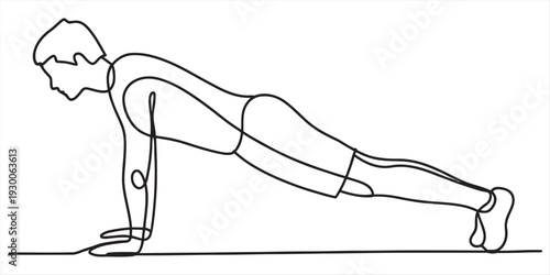 Continuous line drawing of a young man performing a plank exercise on a flat surface. Vector, illustration