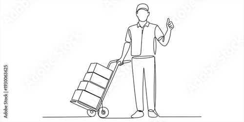 Delivery man with hand truck full of boxes giving a thumbs up sign in line art style. Vector, illustration