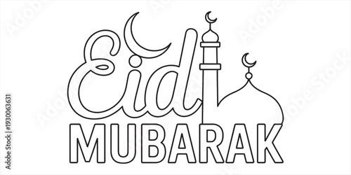 Eid mubarak greeting card with mosque dome minaret and crescent moon coloring page for kids. Vector, illustration