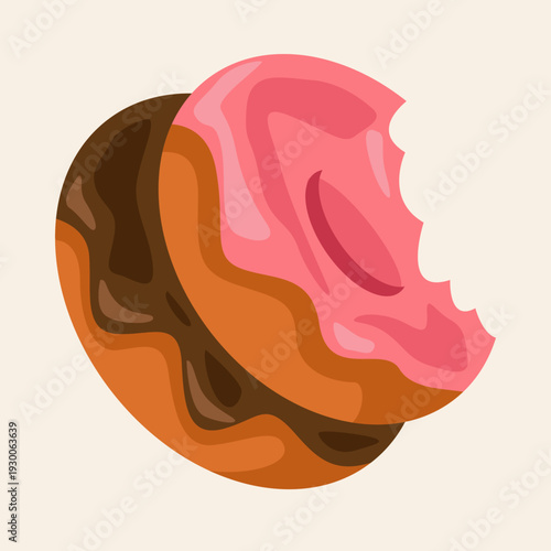Two delicious donuts, one chocolate and one pink-frosted with a bite taken out, stacked on a light background.