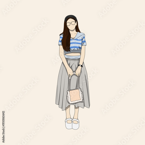 Full body illustration of a woman with long dark hair, glasses, wearing a striped crop top and grey midi skirt, holding a handbag.