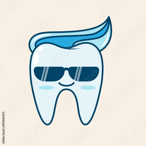 A cool cartoon tooth character wearing sunglasses with blue toothpaste styled as hair, smiling cheerfully.