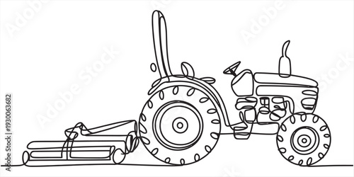 Continuous line drawing of a farm tractor pulling a load of logs on a flat surface. Vector, illustration