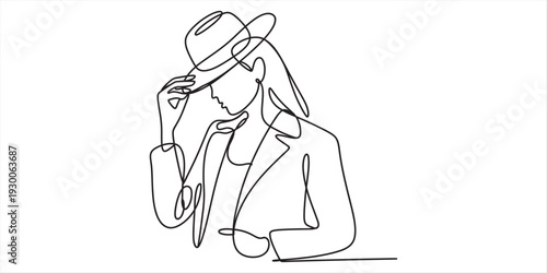 Minimalist continuous line drawing of a stylish woman wearing a hat and a blazer jacket Vector, illustration