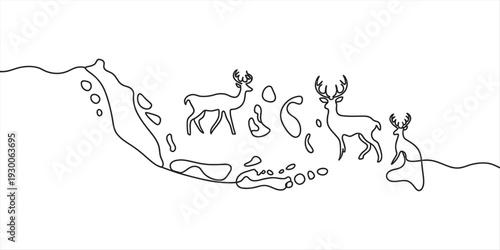 Minimalist line drawing of several deer in a landscape with abstract shapes and hills. Vector, illustration