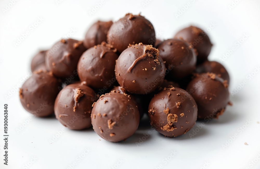 custom made wallpaper toronto digitalPile of dark chocolate balls with crumbs scattered on a clean white surface. These round candies look rich and delicious, perfect for dessert or a sweet treat.
